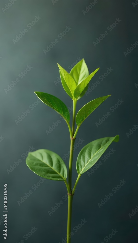 Fototapeta premium Single plant stem against dark grey white background, leafy, simple