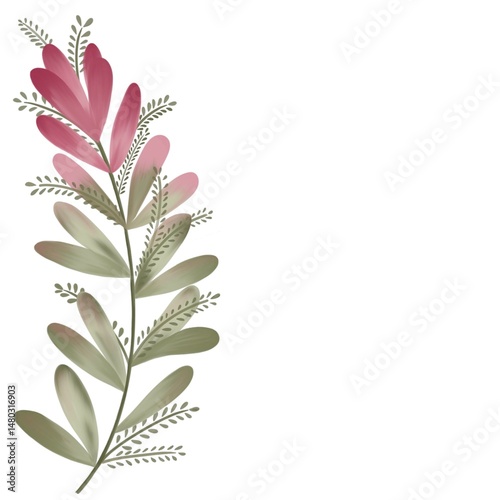 digital illustration of a stylized floral with shades of pink, red, and green on a white background. copy space.