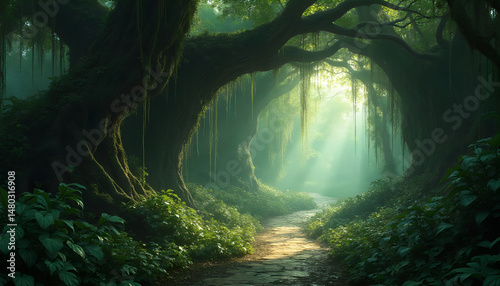 Enchanted Forest Pathway with Sunlight Filtering Through Trees