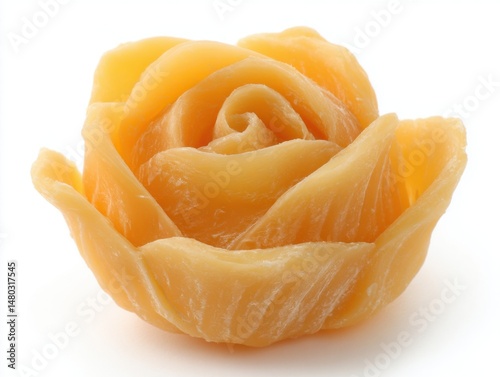 Close-up of a Yellow Rose Carving on White Background, Studio Shot, Decorative Object, Floral Design, Artistic Craft, Detailed Petals