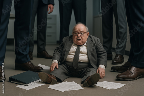 A stressed, elderly businessman in a suit sits defeated on the office floor, papers scattered around him, surrounded by the imposing legs of his colleagues.
