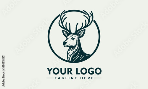 Elegant Line Art Illustration of a Deer Head with Antlers in Profile within a Circular Frame. Animal Illustration Concept