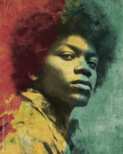 Portrait of thoughtful African American woman with afro hairstyle looking up in retro style with red yellow green colors