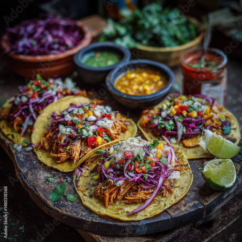 Vegan jackfruit tacos with vibrant toppings, colorful street food setup