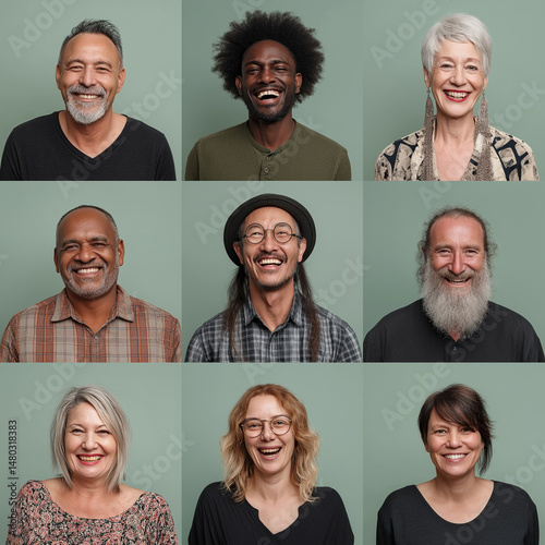 Collage of portraits of men and women of different ages and countries with a green background.
