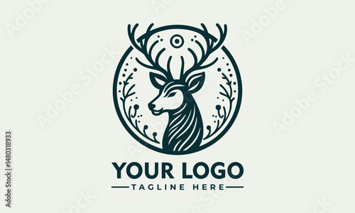 Elegant Line Art Illustration of a Deer Head with Antlers in Profile within a Circular Frame. Animal Illustration Concept