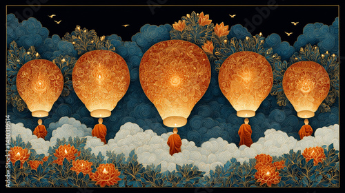 Buddhist Monks in Saffron Robes Light Lanterns During a Twilight Ritual in a Temple Courtyard, Captured in Vibrant Thangka Painting Style