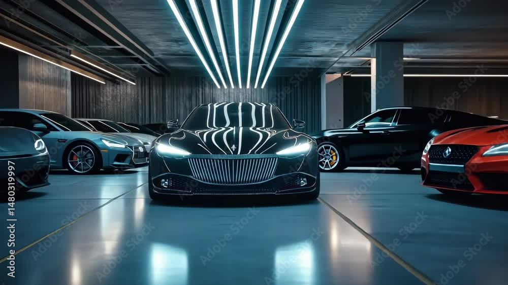 row of several cars parked inside illuminated parking garage with lights reflecting  on floor