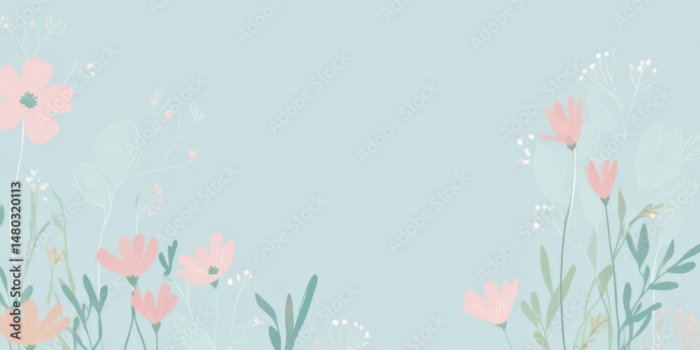 Fondo azul claro con flores rosas, líneas simples y trazos blancos, colores pastel, estilo minimalista Fondo azul claro con flores rosas, líneas simples y trazos blancos, colores pastel, estilo minimalista