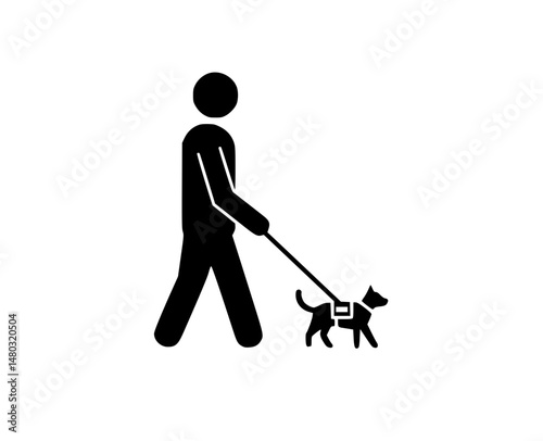 Disabled person walking with guide dog black and white icon