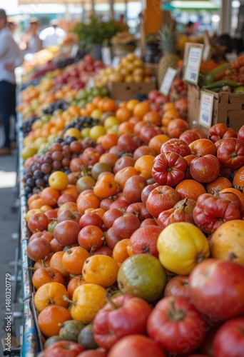 Fresh fruit at the farmers market with bright colors and vibrant summer abundance, arranged in a lively open-air display Generative AI