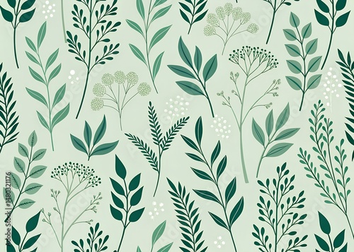  Abstract repeating pattern of minimalist plant silhouettes in darker green on a light green background, seamless vector look, flat texture, modern botanical wallpaper design.