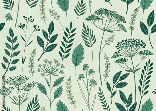  Abstract repeating pattern of minimalist plant silhouettes in darker green on a light green background, seamless vector look, flat texture, modern botanical wallpaper design.