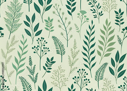  Abstract repeating pattern of minimalist plant silhouettes in darker green on a light green background, seamless vector look, flat texture, modern botanical wallpaper design.