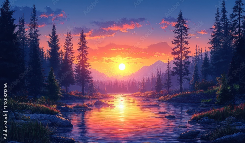 Fototapeta premium Serene Sunset Over Mountain River