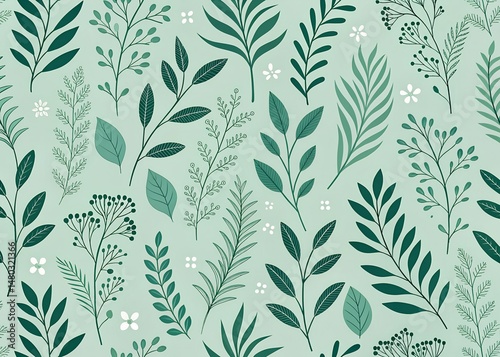  Abstract repeating pattern of minimalist plant silhouettes in darker green on a light green background, seamless vector look, flat texture, modern botanical wallpaper design.
