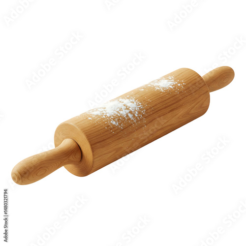 wooden rolling pin with flour dust on it isolated