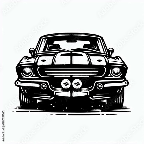 Classic Muscle Car Front View Black  White Illustration