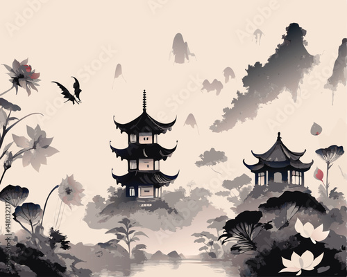 vector chinese temple silhouette home