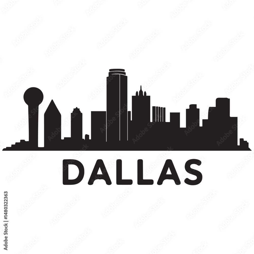 Naklejka premium Vector Dallas skyline. Travel Dallas famous landmarks. Business and tourism concept for presentation, banner, web site. Vector black silhouette. with white background