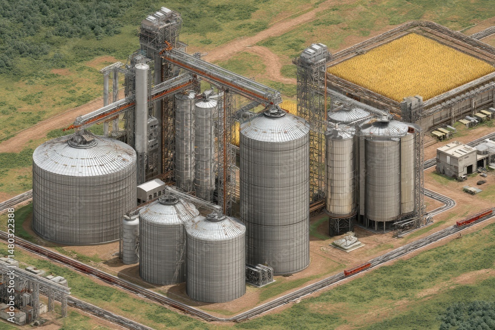 Modern Agricultural Storage :Yellow Cylindrical Silos with Advanced Technology in Wheat Field Modern Agricultural Storage :Yellow Cylindrical Silos with Advanced Technology in Wheat Field
