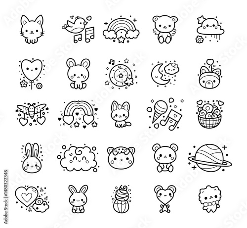 Set of Cute and cheerful doodle icons and elements for sticker, planner, scrapbook and kid products