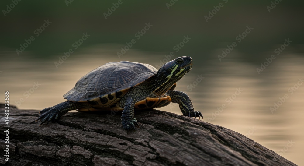Naklejka premium Turtle on Log, Photo
