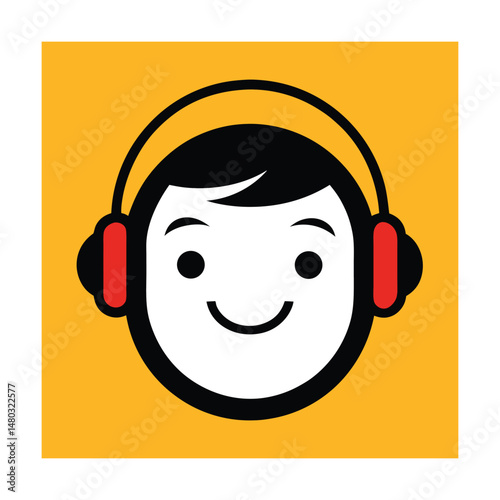 Cheerful cartoon character wearing headphones enjoying music on a vibrant yellow background