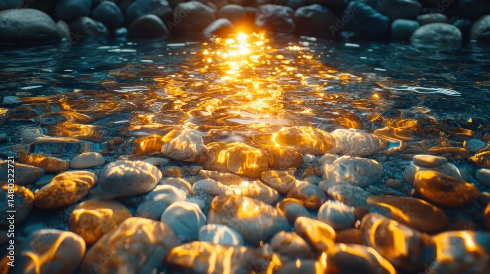 Fototapeta premium Golden sunset light reflecting on smooth river rocks underwater.