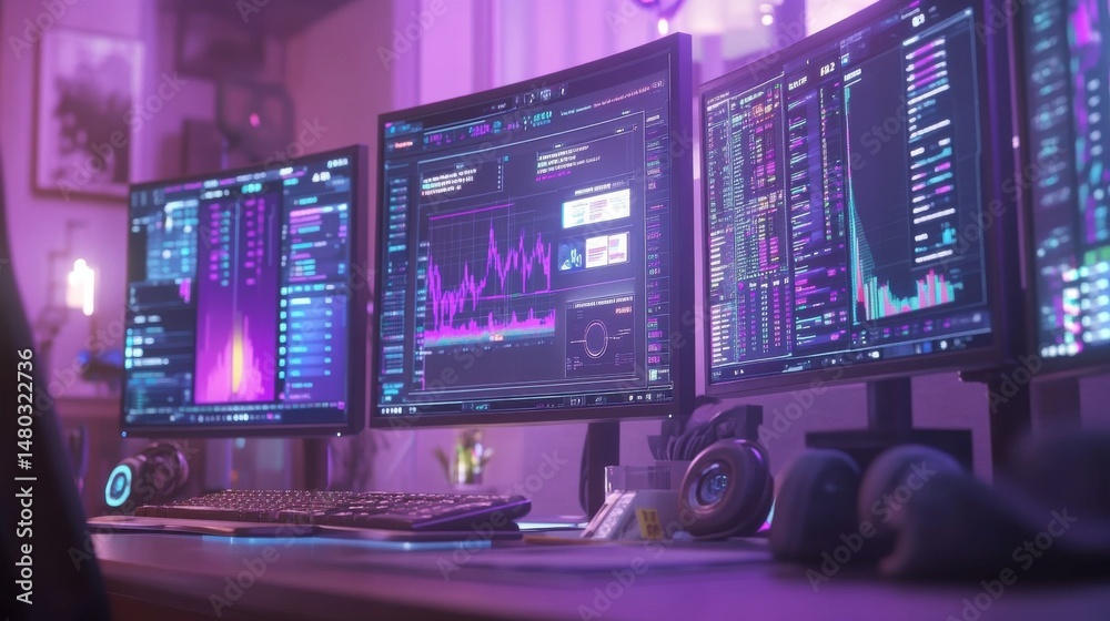Obraz premium High-Tech Dual Monitor Setup in Colorful Gaming Room Interior