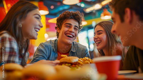 Group of friends enjoying a meal and laughing together
