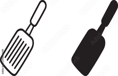 Simple black and white cooking spatula icon outlined and filled vector illustration