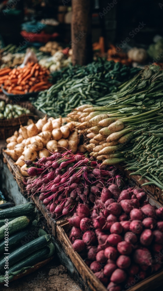 Fototapeta premium Fresh produce display at a vibrant outdoor market featuring carrots beans turnips radishes and cucumbers close up shot