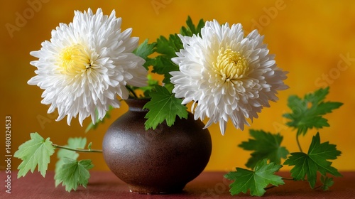 White Chrysanthemums in a Brown Vase