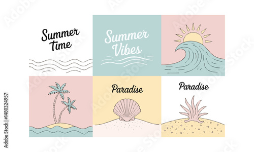 Design a set of minimalist summer-themed vector posters, easily scalable and editable.