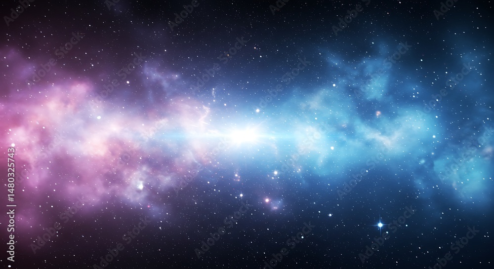 Obraz premium dynamic loop animation of interstellar travel through a blue force field with galaxies and stars exploding and expanding, photo with subject at the top, leaving room for copy space at the bottom