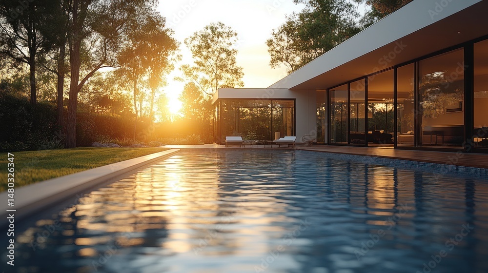 Obraz premium Sunset view of modern house with infinity pool and lush garden.