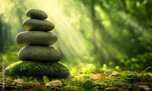 Zen stones balanced in peaceful forest light