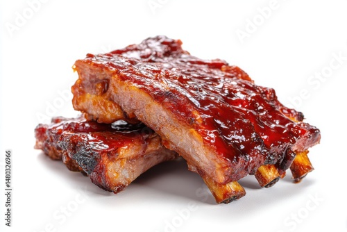 Close-up of succulent barbecue ribs stacked on a white background studio shot showcasing delicious glazed meat and bone texture