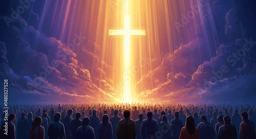 Crowd watching glowing cross in cloudy sky: rapture concept