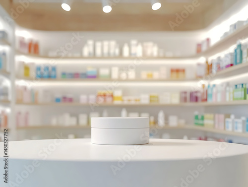 White cosmetic jar on counter with blurred shelves of pharmaceutical products in background, representing skincare or medical supply, presented in a clean, bright pharmacy setting