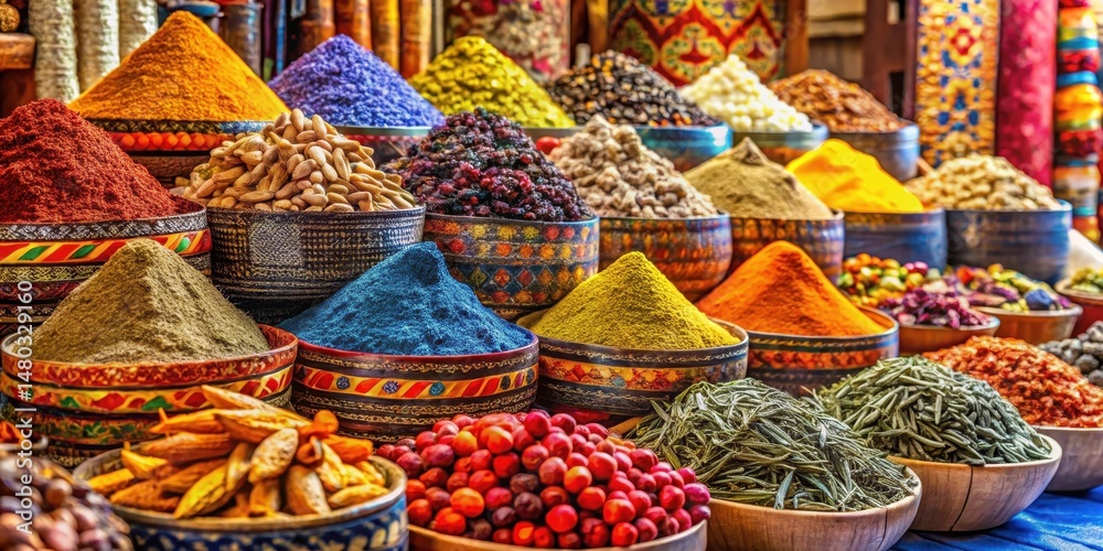 Fototapeta premium Vibrant colors and patterns of exotic spices and herbs on a street market stall in Middle Eastern style, colorful fabrics, herbal remedies