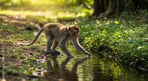 Monkey touching water, Photo