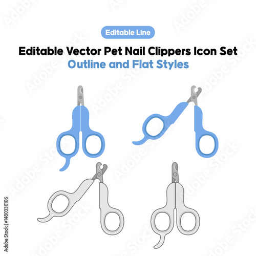 Editable Vector Pet Nail Clippers grooming scissors for nails Icon Set – Outline and Flat Styles