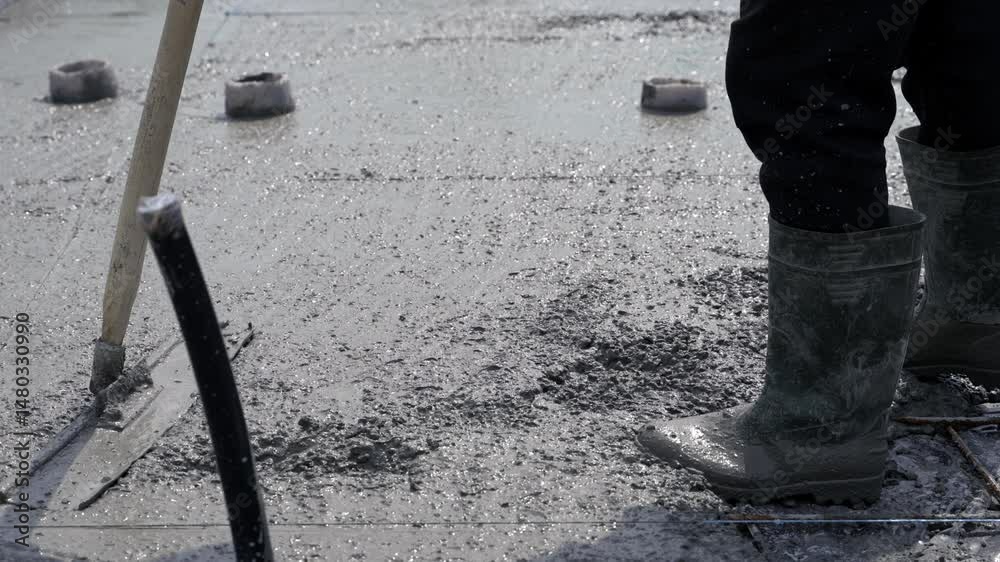 Leveling the floor screed with metal wire. Production of cement floor. Floor screed in the apartment. A worker in boots manually levels the surface.