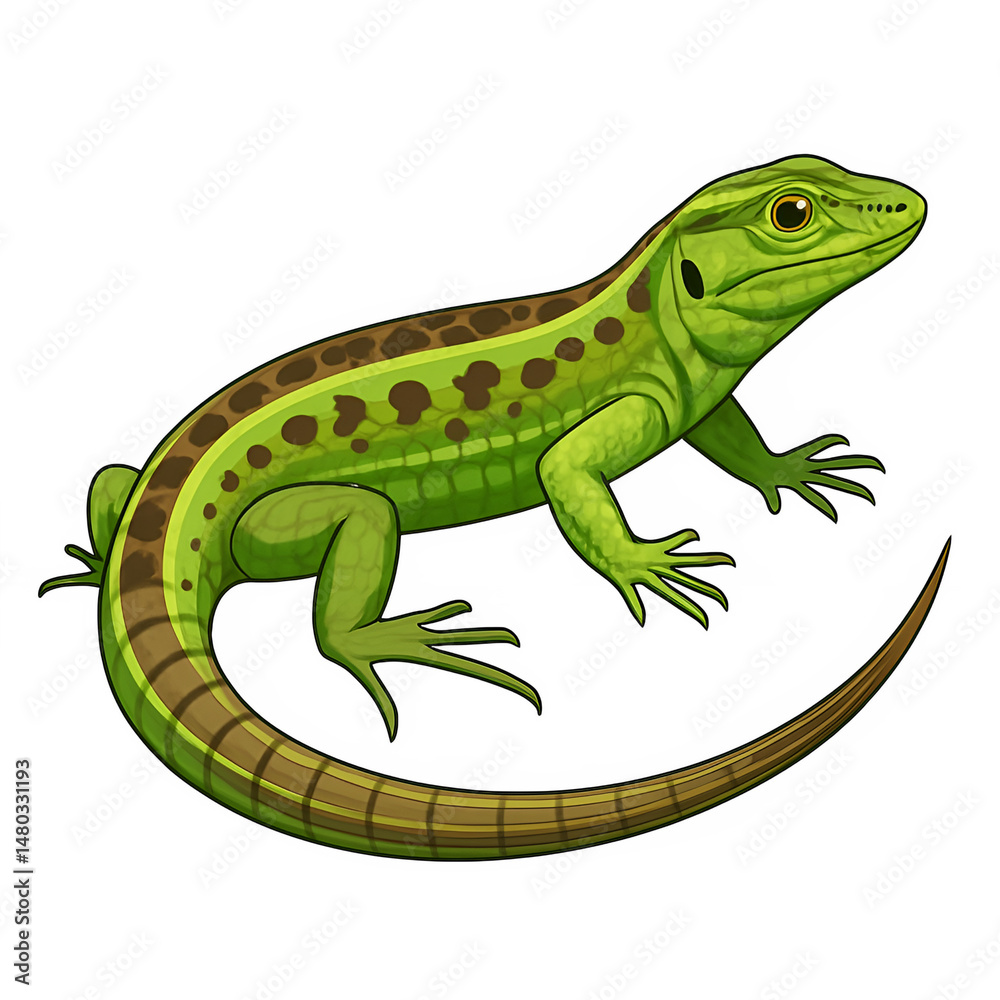 Obraz premium a clean vector art illustration of a realistic lizard, isolated on a pure white background. The lizard should have detailed scales, vibrant green and brown tones, and a dynamic, natural pose.
