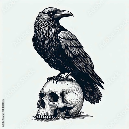 Raven Perched on Skull Ink Illustration