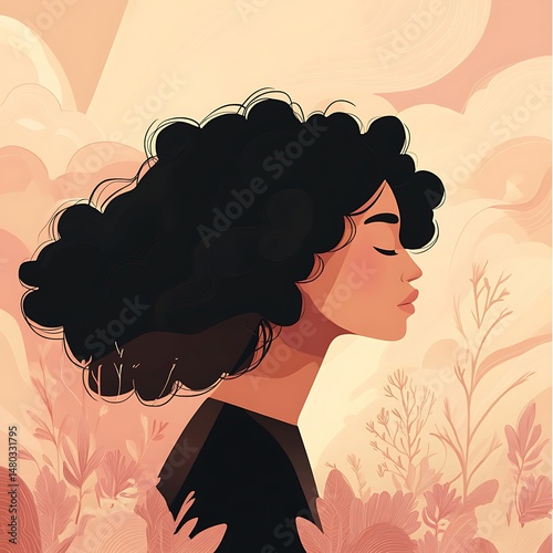 Serene Contemplation: An illustrated portrait of a woman, her eyes gently closed, lost in peaceful reflection amidst a backdrop of soft, dreamy hues of nature's beauty.