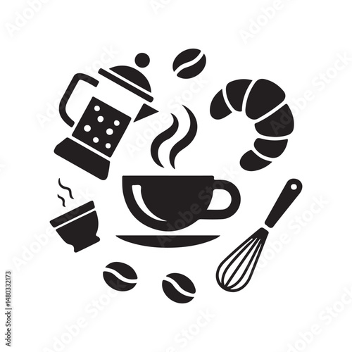 Coffee Shop and Café Icons Vector Set – Black Silhouettes of Cups, Beans, and Pastries