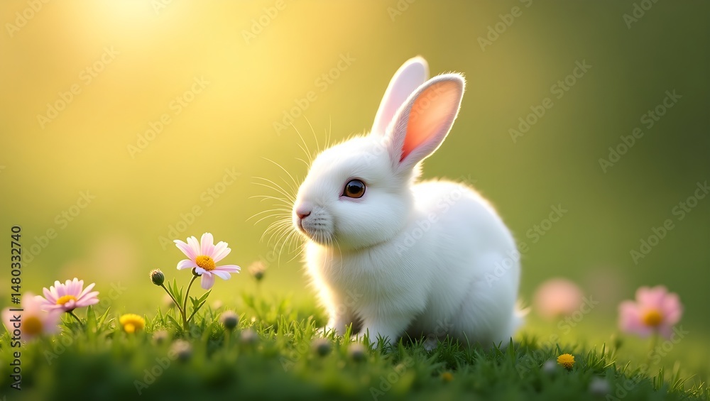 Obraz premium white rabbit on green grass, white rabbit on grass, 
